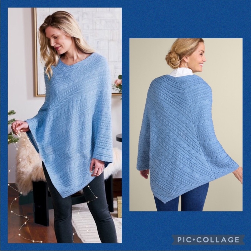 Soft Surroundings Women's Blue Sweater Poncho Popover One‎ Size Cable Knit NEW